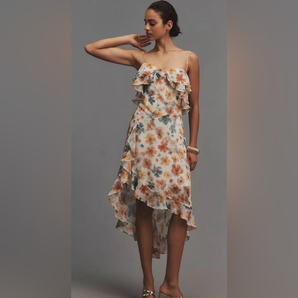 By Anthropologie Sleeveless Asymmetric Ruffled Midi Dress